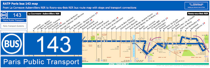 Paris bus 143 map with stops and connections