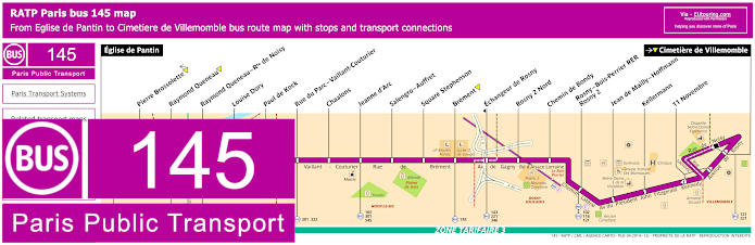 Paris bus 145 map with stops and connections