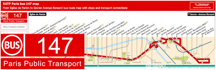 Paris bus 147 map with stops and connections