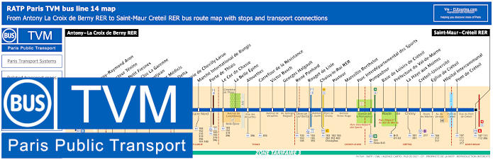 Paris TVM bus line 14 map with stops and connections