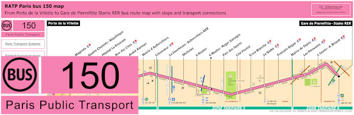 Paris bus 150 map with stops and connections