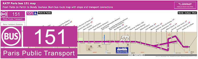 Paris bus 151 map with stops and connections