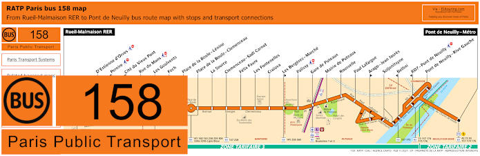 Paris bus 158 map with stops and connections