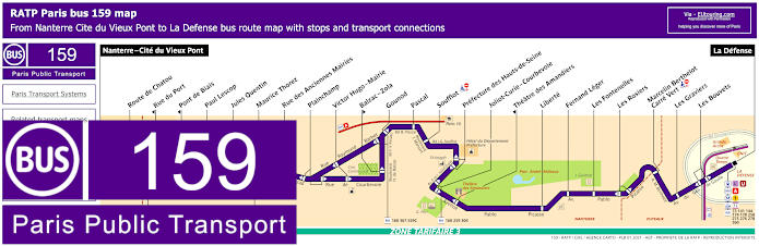 Paris bus 159 map with stops and connections