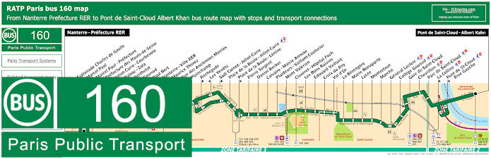 Paris bus 160 map with stops and connections