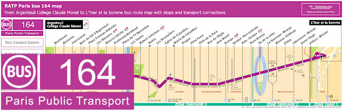 Paris bus 164 map with stops and connections