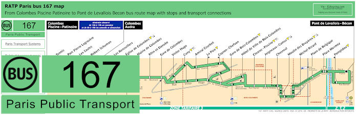 Paris bus 167 map with stops and connections