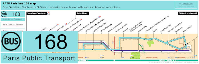 Paris bus 168 map with stops and connections