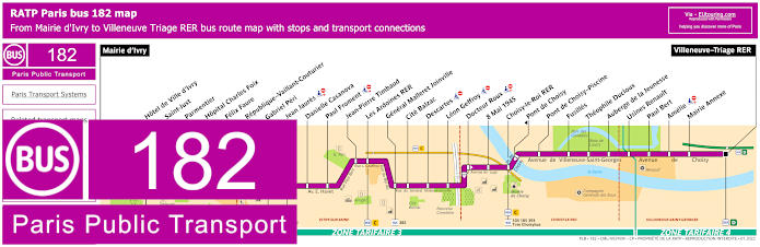 Paris bus 182 map with stops and connections