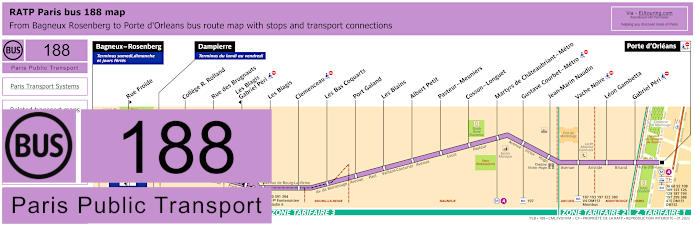 Paris bus 188 map with stops and connections