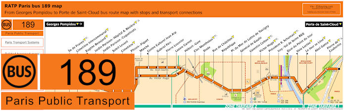 Paris bus 189 map with stops and connections