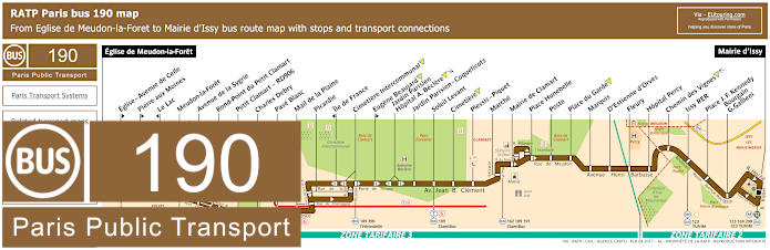 Paris bus 190 map with stops and connections