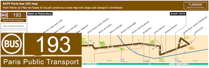 Paris bus 193 map with stops and connections