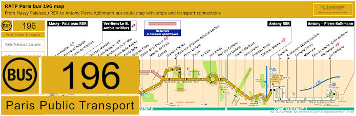 Paris bus 196 map with stops and connections