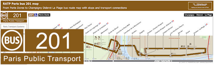 Paris bus 201 map with stops and connections