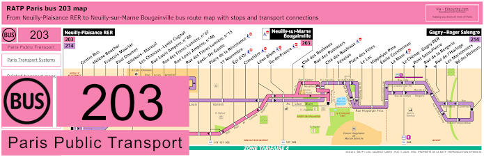 Paris bus 203 map with stops and connections