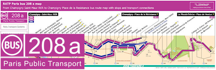 Paris bus 208a map with stops and connections