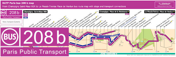Paris bus 208b map with stops and connections