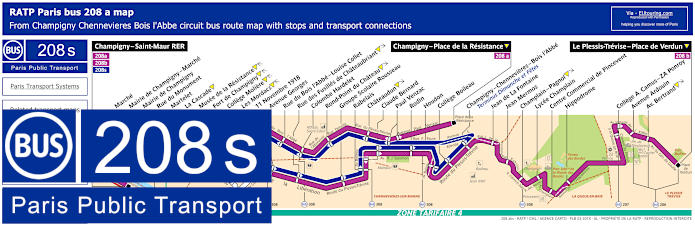 Paris bus 208s map with stops and connections