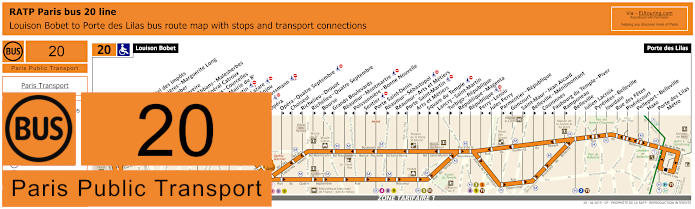 Paris Bus line 20 map with stops and connections