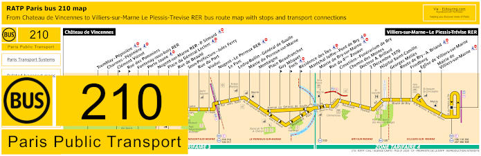 Paris bus 210 map with stops and connections