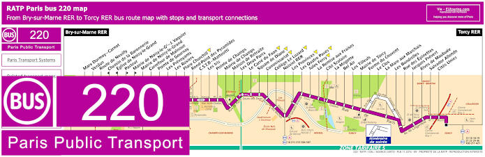 Paris bus 220 map with stops and connections