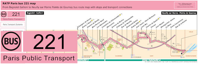 Paris bus 221 map with stops and connections