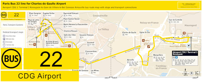 Paris Bus 22 route map for CDG airport