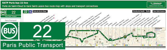 Paris Bus line 22 map with stops and connections