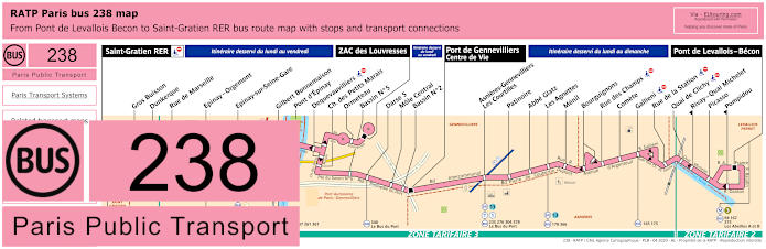 Paris bus 238 map with stops and connections