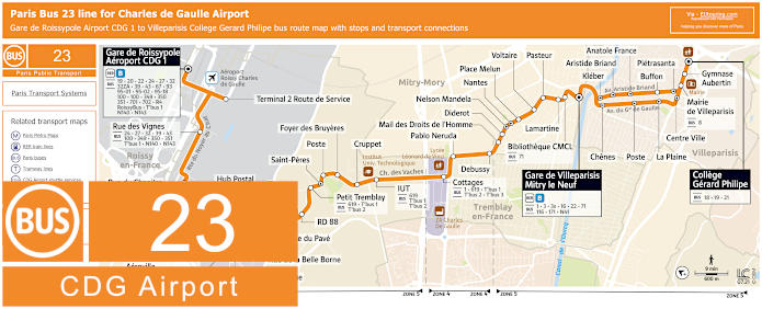 Paris Bus 23 route map for CDG airport to Villeparisis