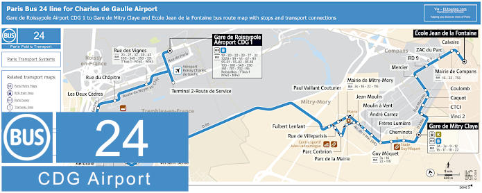 Paris Bus 24 route map from CDG airport to Ecole Jean de la Fontaine