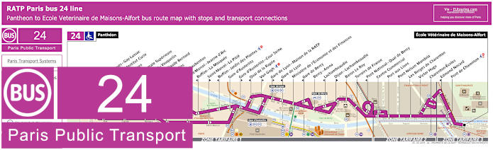 Paris bus 24 map with stops and connections