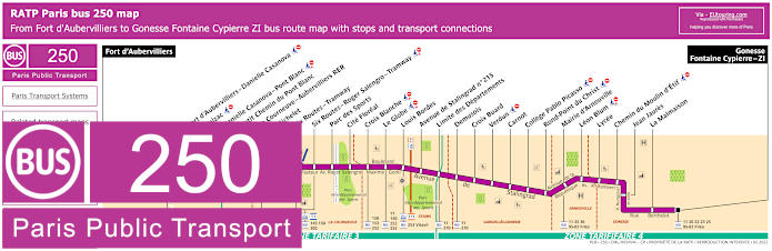 Paris bus 250 map with stops and connections