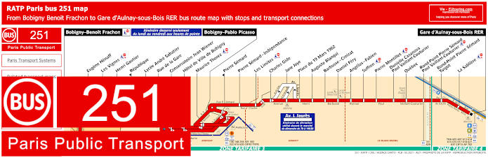 Paris bus 251 map with stops and connections