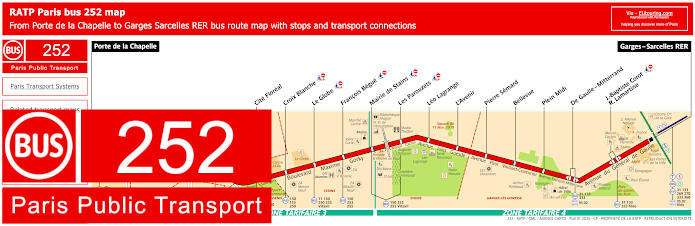 Paris bus 252 map with stops and connections