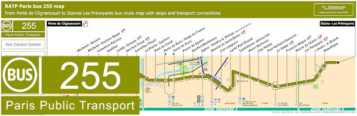 Paris bus 255 map with stops and connections