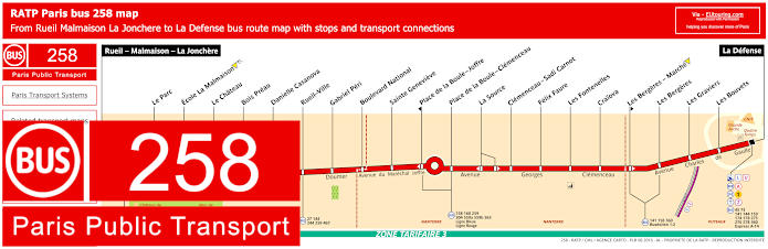 Paris bus 258 map with stops and connections