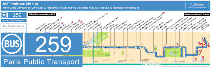 Paris bus 259 map with stops and connections