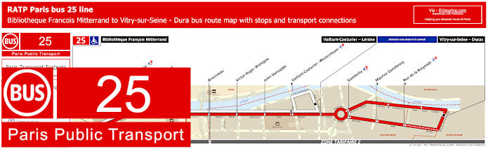 Paris bus 25 map with stops and connections