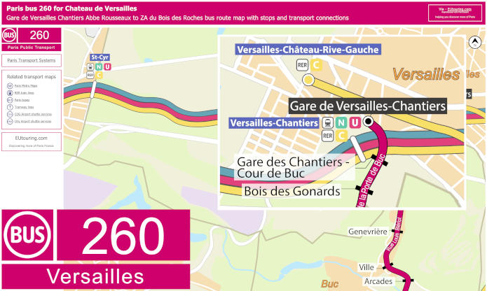 Paris bus 260 map Versailles with stops and connections