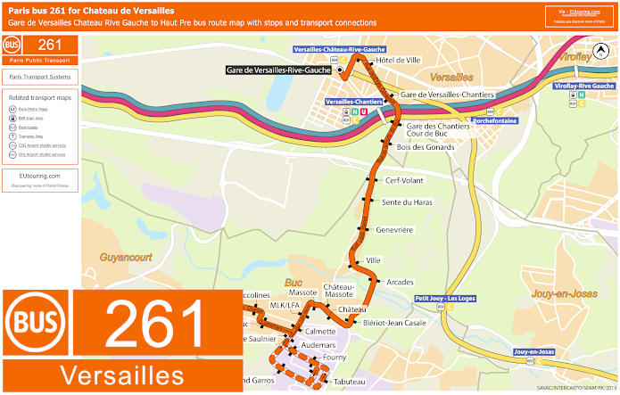 Paris bus 261 map Versailles with stops and connections