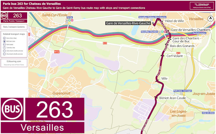 Paris bus 263 map Versailles with stops and connections