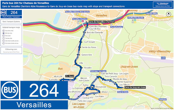 Paris bus 264 map Versailles with stops and connections
