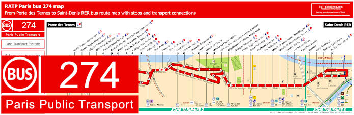 Paris bus 274 map with stops and connections