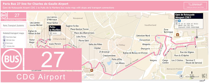 Paris Bus 27 route map from CDG airport to Puits de la Marliere