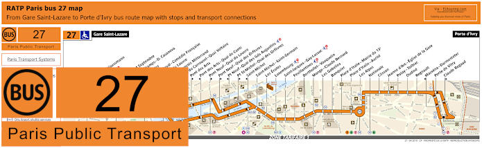 Paris bus 27 map with stops and connections