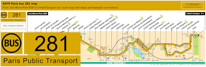 Paris bus 281 map with stops and connections