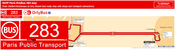 Paris bus 283 map with stops and connections