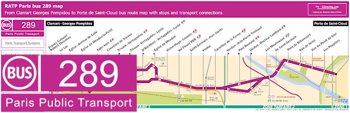 Paris bus 289 map with stops and connections